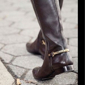 Tory Burch Chocolate Leather Boots with Gold Detail
